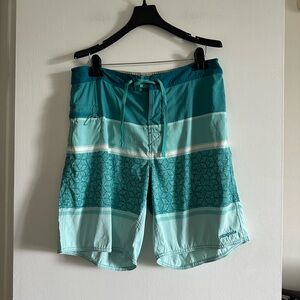 Patagonia Teal Blue Striped Drawstring Swim Trunks Board Shorts size 34